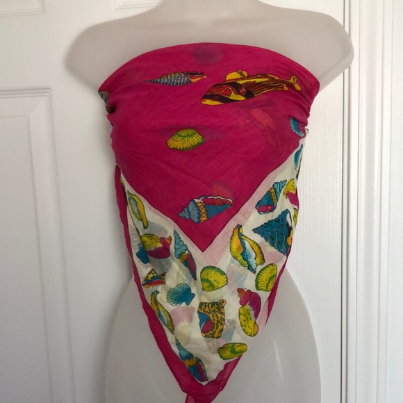 VTG Vibrant Fish and Shell Print Scarf Bandana Cotton Square - Picture 4 of 9